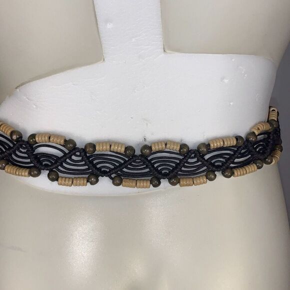 Vintage 00s y2k Woven Macramé Boho Brown Faux Leather Tie Rope Belt with Wooden - Picture 7 of 11